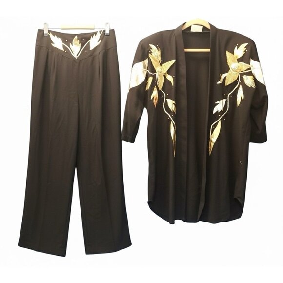 Vtg 80s Carabella Black Gold Floral Jacket Pant Set Women’s XL Retro‎ Outfit - Picture 2 of 6